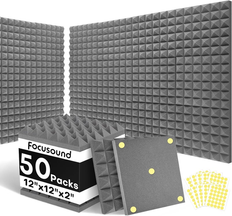 Focusound Grey Acoustic Panels 50 Pack 2"x12"x12" with 300 PCS Double-Side Adhesive - Sound Proof Pyramid Foam for Walls, Home Studio Noise Absorption & Echo Control Kit - Image 1